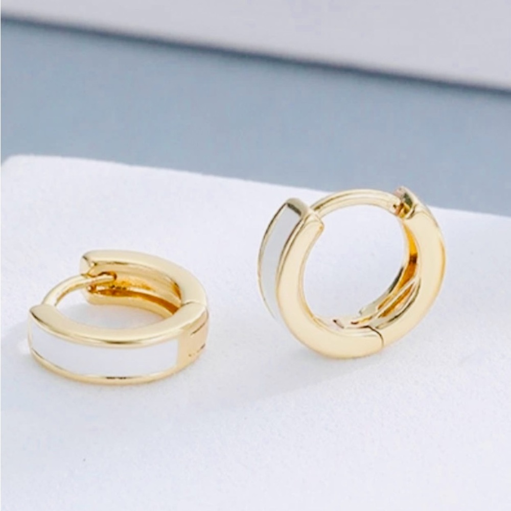 Minimalist Gold and White Hoop Earrings - Picture 3 of 4